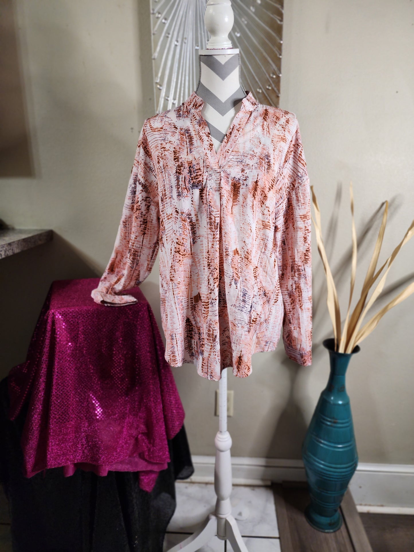 Pink and Burgundy Long Sleeve Blouse