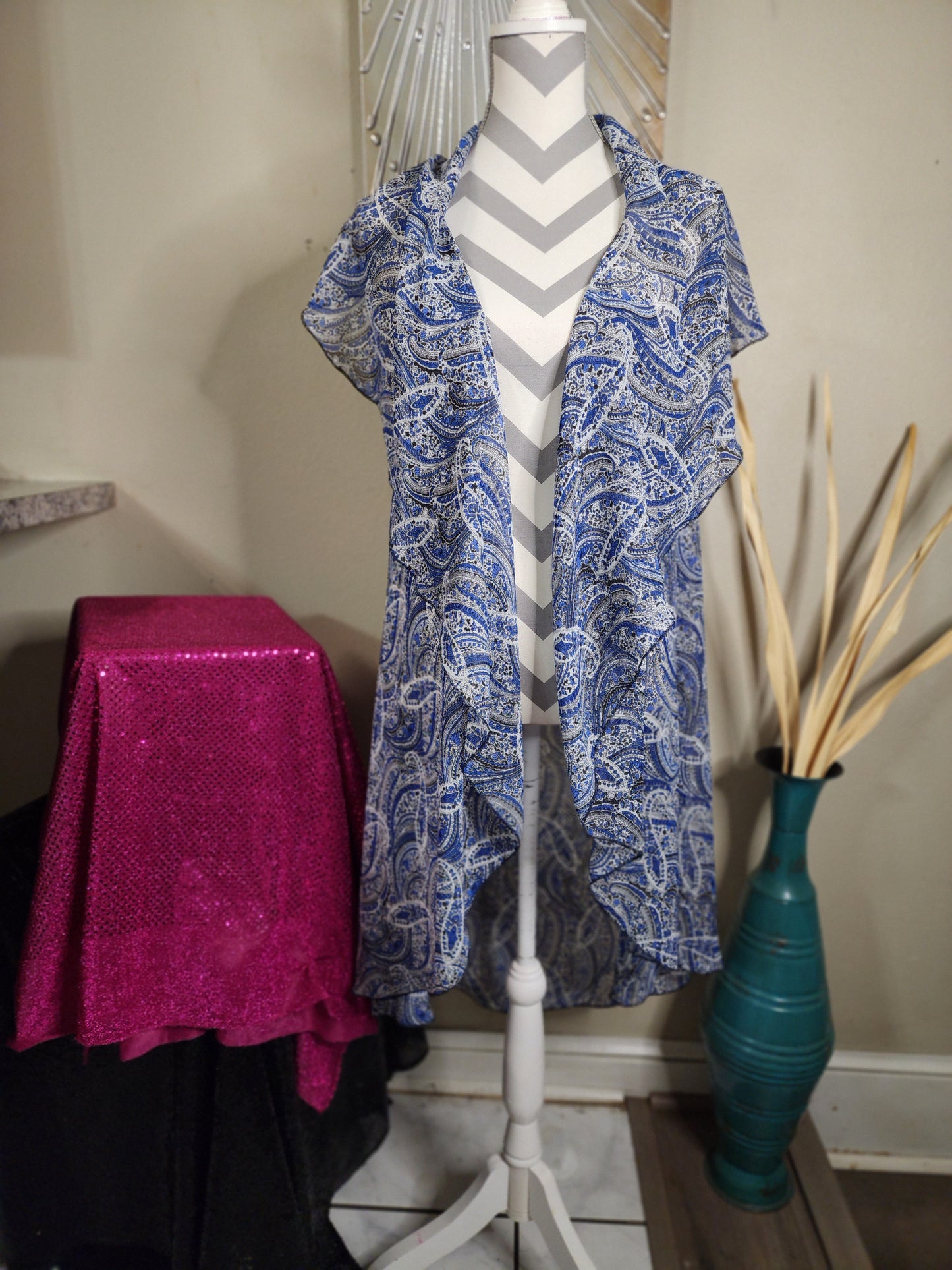 Blue Paisley Sleeveless Cardigan