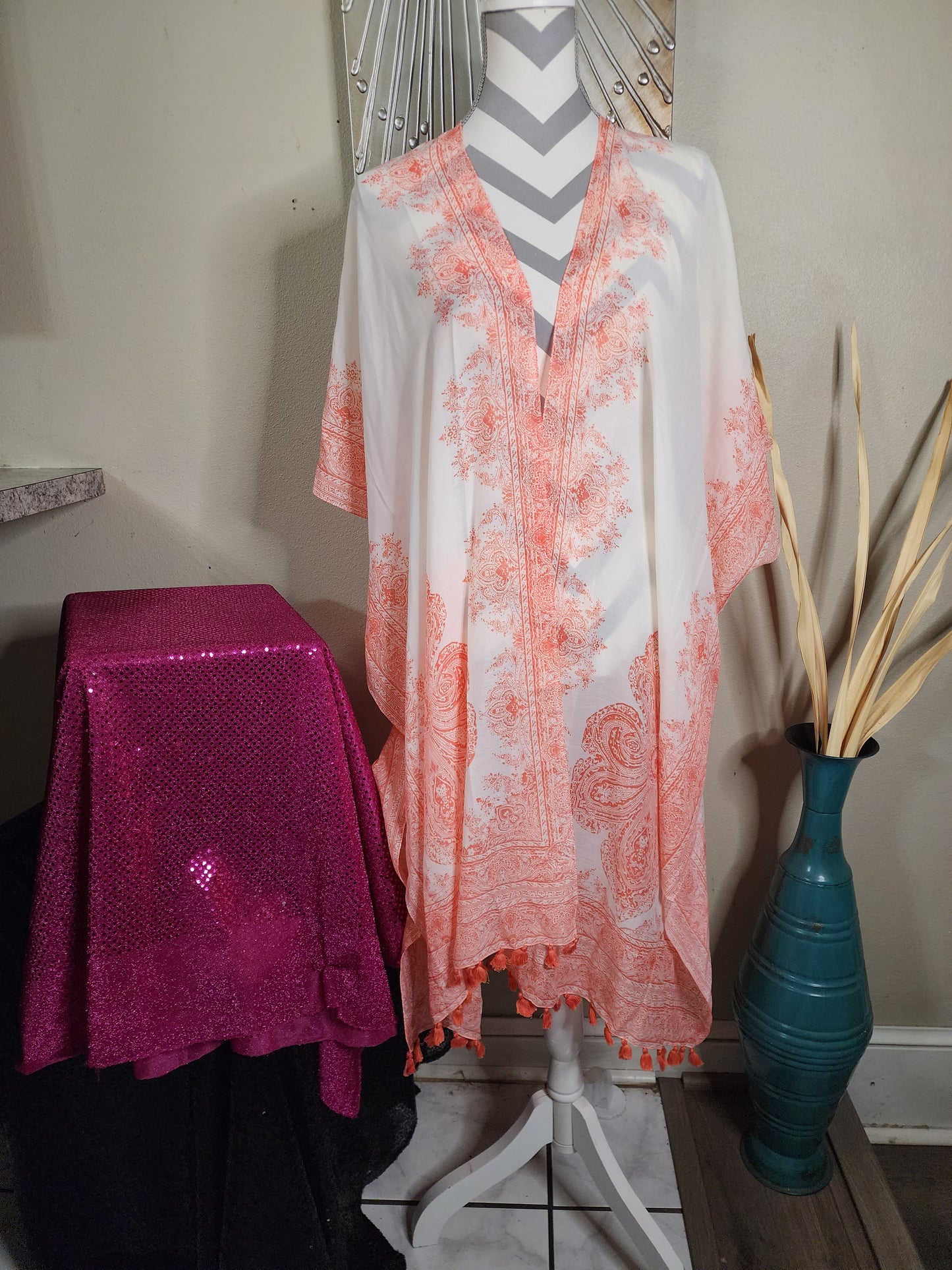 Orange and White Paisley Duster with Fringe