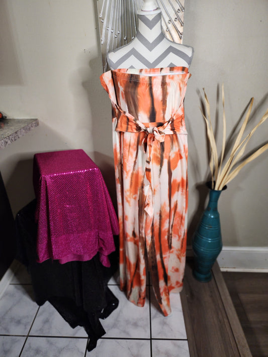 Brown and Orange Tie Dye Strapless Jumpsuit