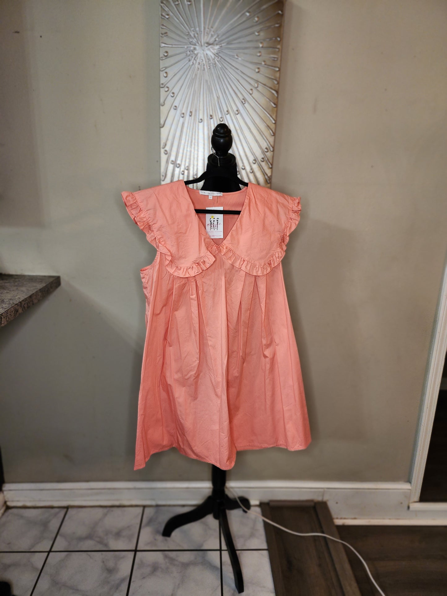 English Factory Coral Swing Dress with Ruffle Collar