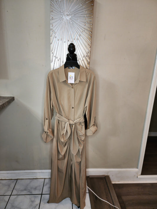 ChicMe Tan Ruched Belted Dress