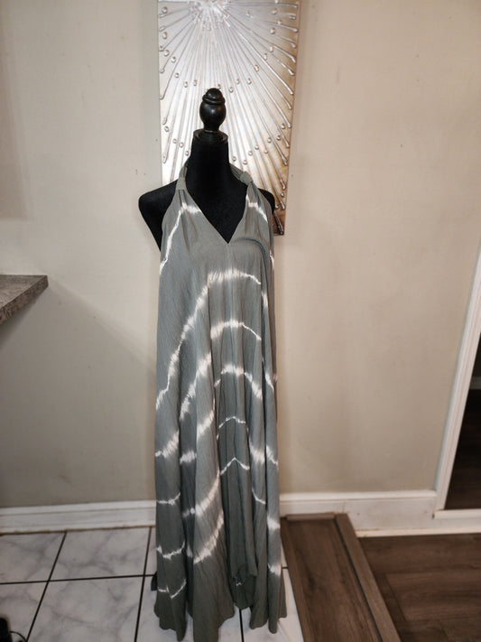 Green and White Tie Dye Halter Maxi Dress
