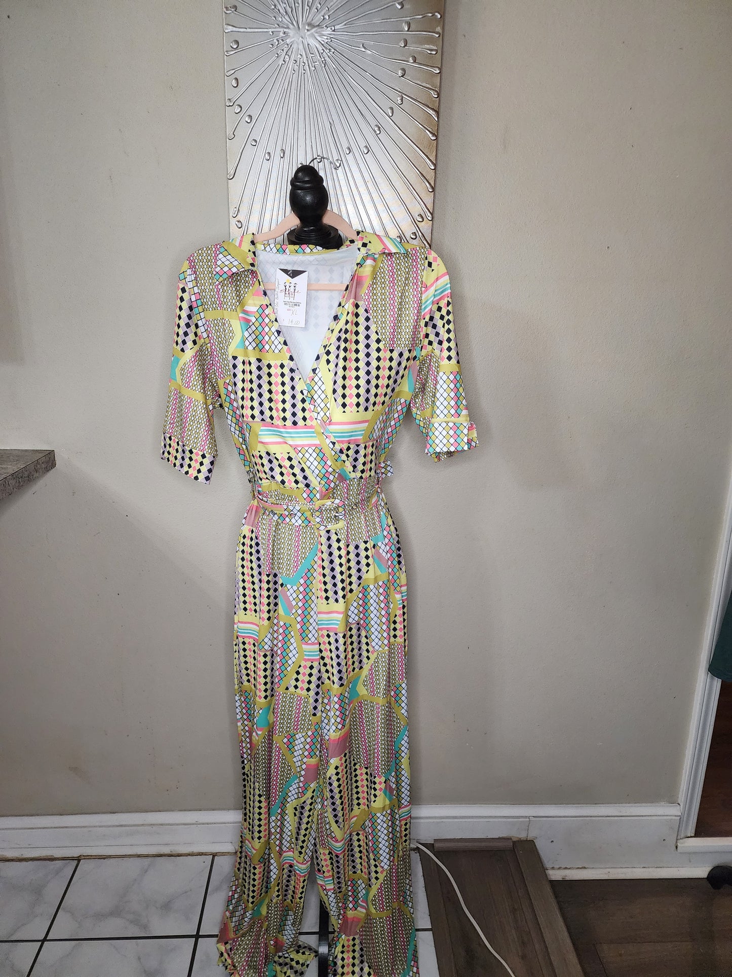 Graphic Belted Jumpsuit in Green Multi Color