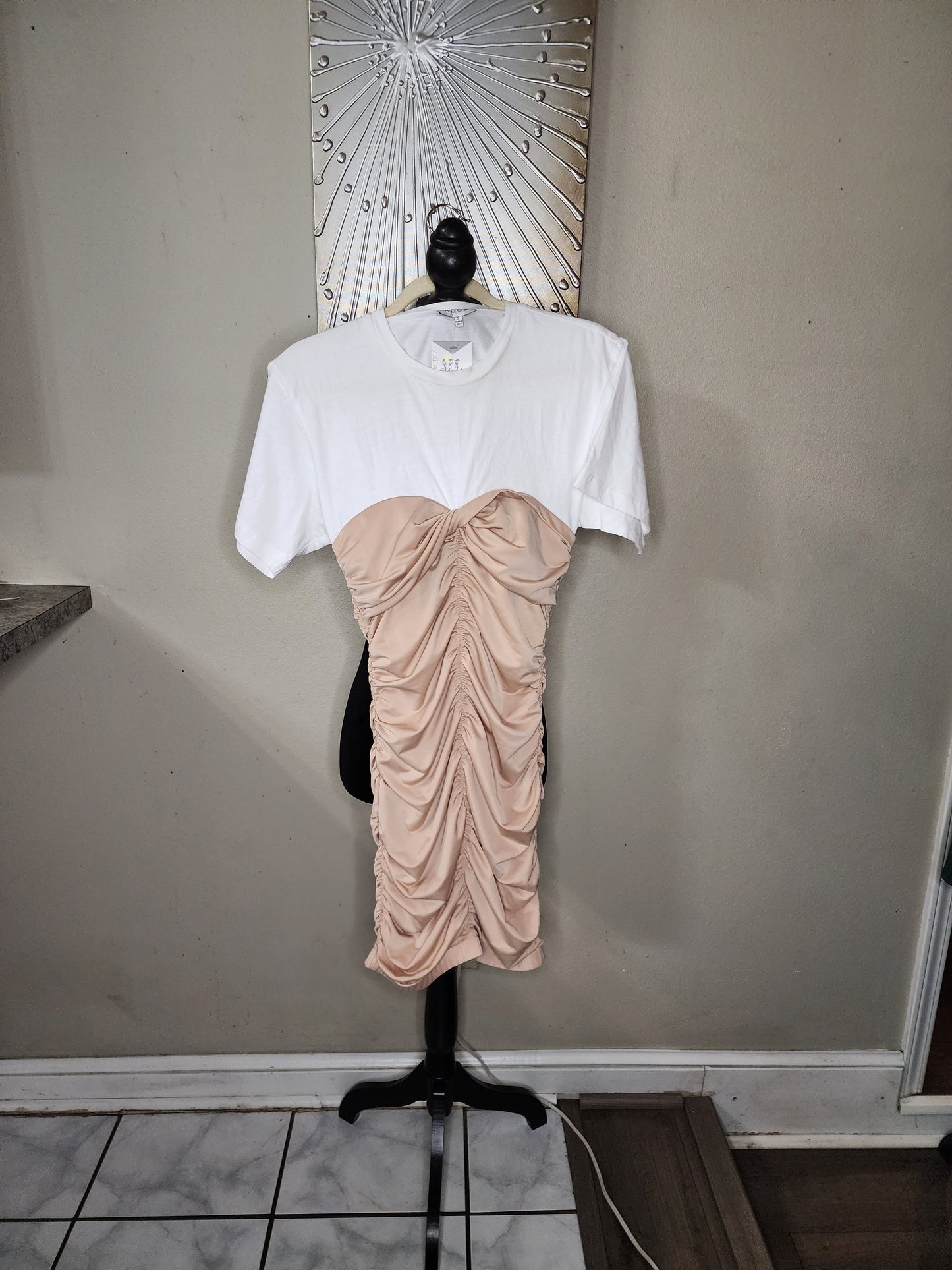 Acoa White and Tan Ruched Dress