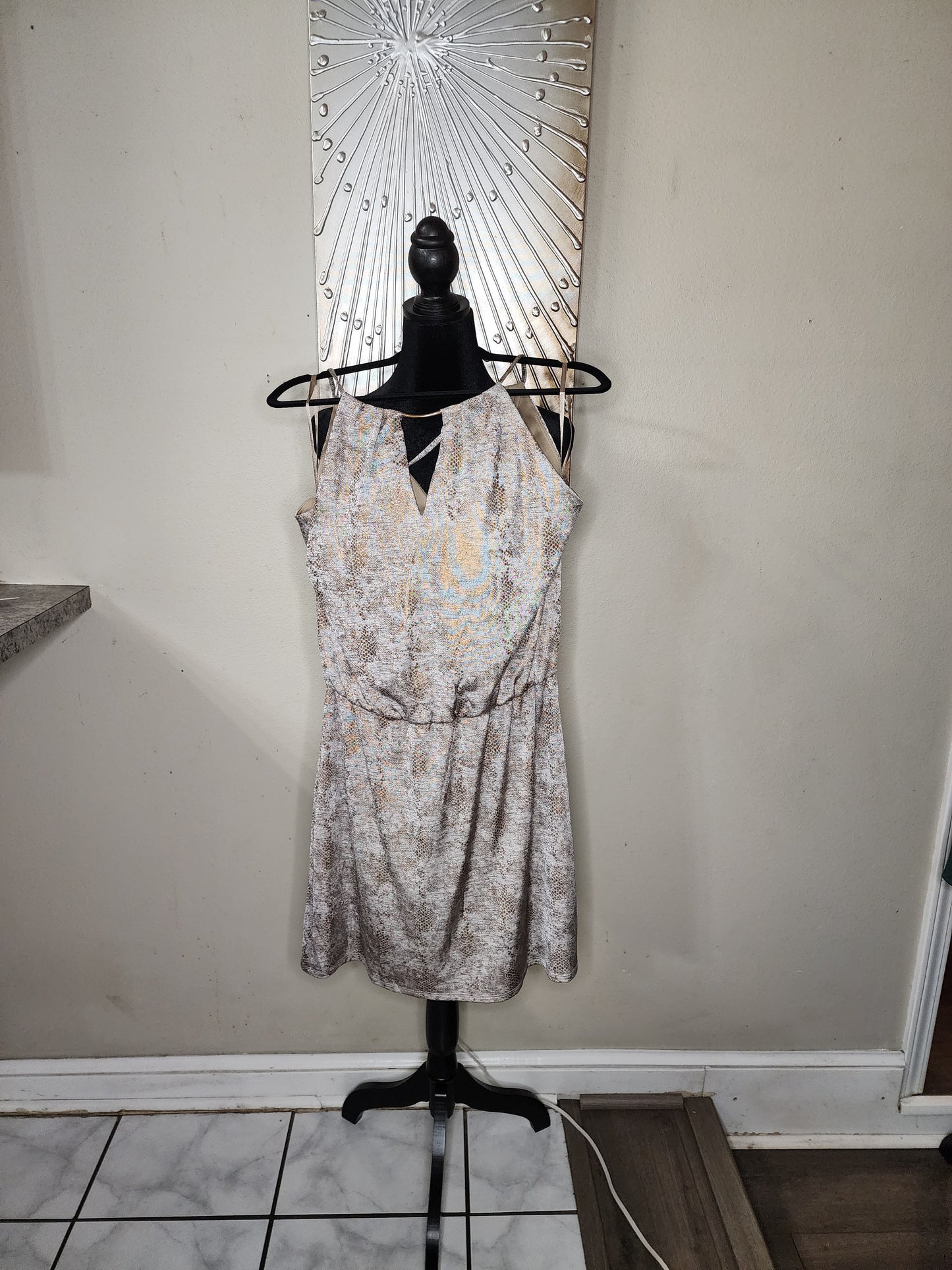 White house Black Market Gold and Silver Snake Print Dress