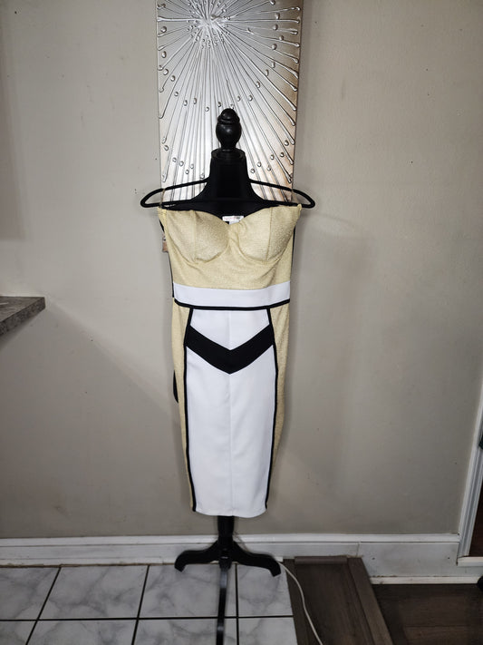 Agaci Gold, Black and White Strapless Sheath Dress