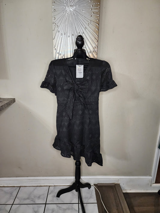 Black Lace Tie Front Mini Dress with Ruffle