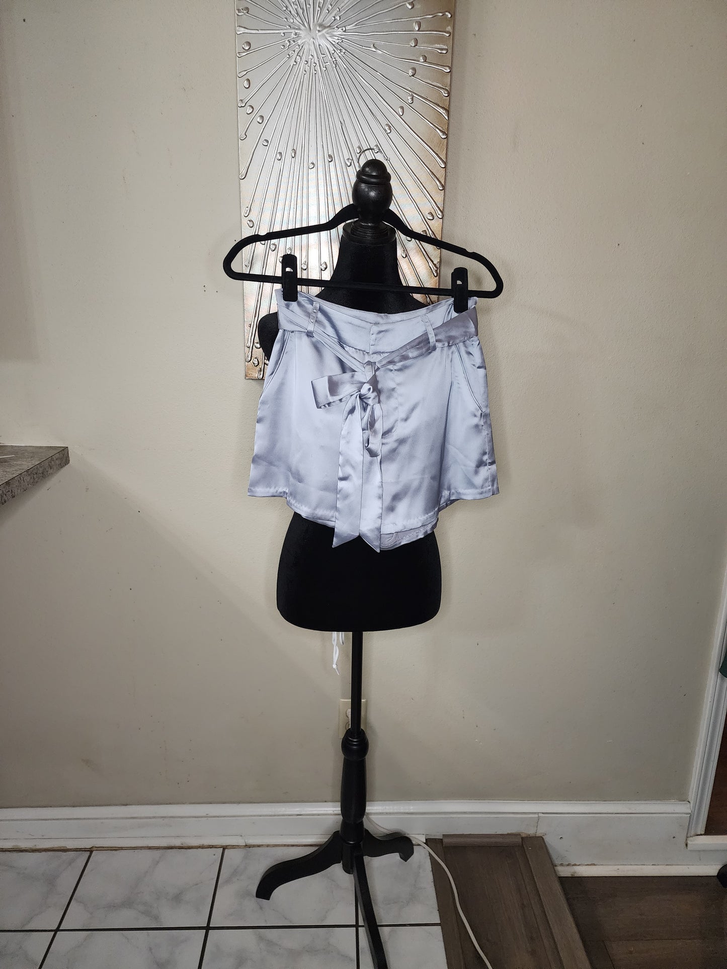 The Boutique Satin Bluish Gray Belted Shorts