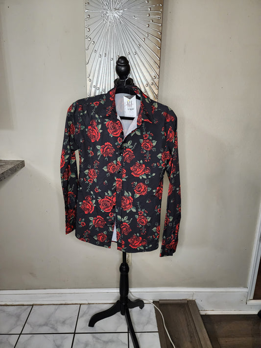 Black Button Up Shirt with Red Roses