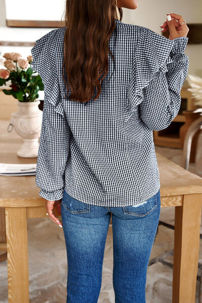 Plaid Notched Flounce Sleeve Shirt