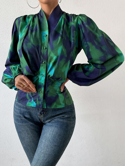 Tie-Dye Button Up Balloon Sleeve Blouse