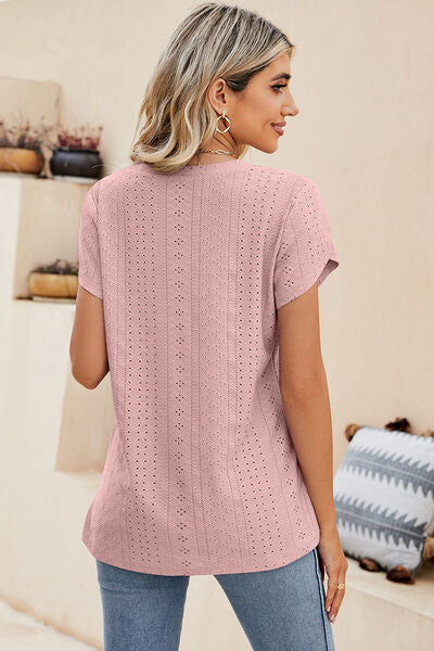 Eyelet V-Neck Petal Sleeve T-Shirt